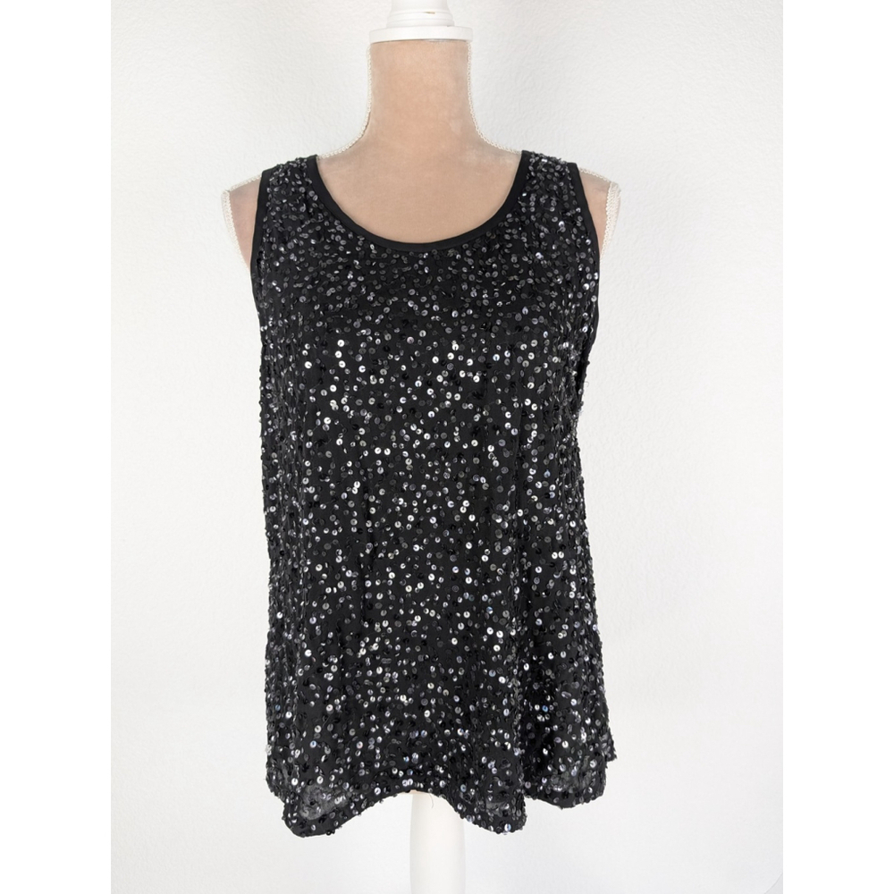 Eileen Fisher Silk Georgette Sequin Tank Top Sz M Black Party Classic